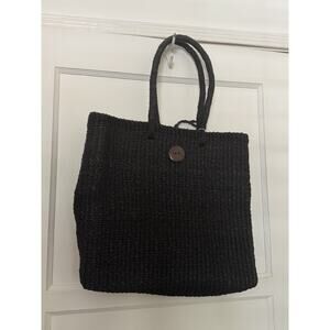 VTG 90s Large Market Tote Woven Jute Handle Straw Sisal Bag Black Beach Square